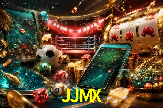 Una escena digital vívida inspirada en casino con JJMX mostrado prominentemente, luces brillantes, fichas, cartas y acentos dorados.