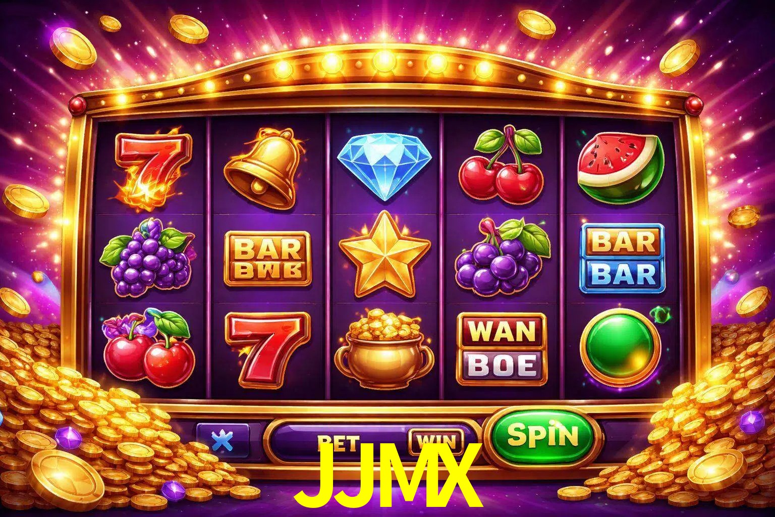 Una interfaz colorida de tragamonedas en línea con símbolos brillantes, monedas y un efecto de victoria celebratoria en JJMX.